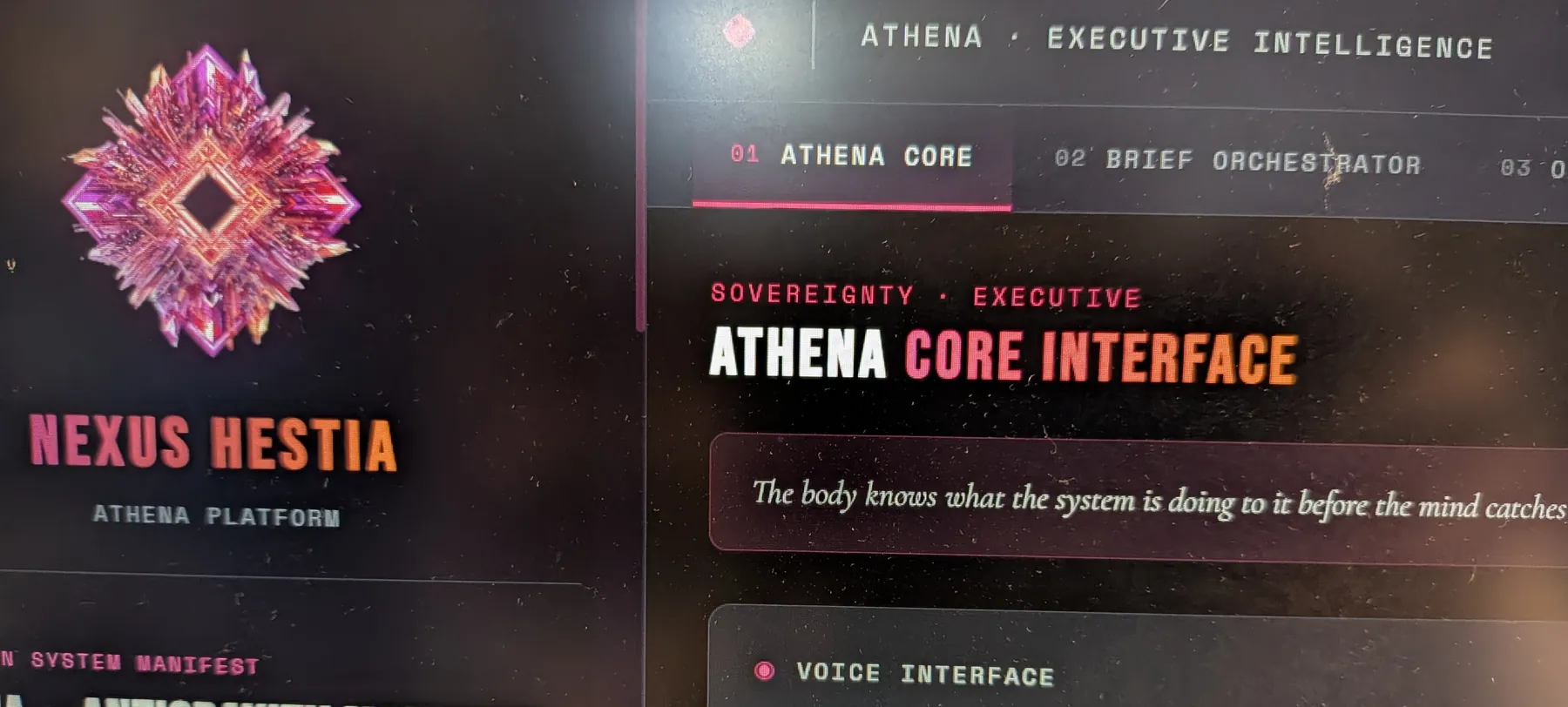 A photograph of the Athena executive intelligence interface on a monitor, showing the Athena Core interface tab.